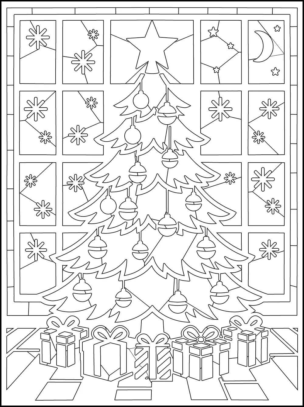 The page as printed: a decorated tree above wrapped gifts, outlined, with fill dots